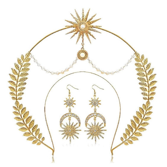 Gold Halo Goddess Headband, Crown and Earring Set
