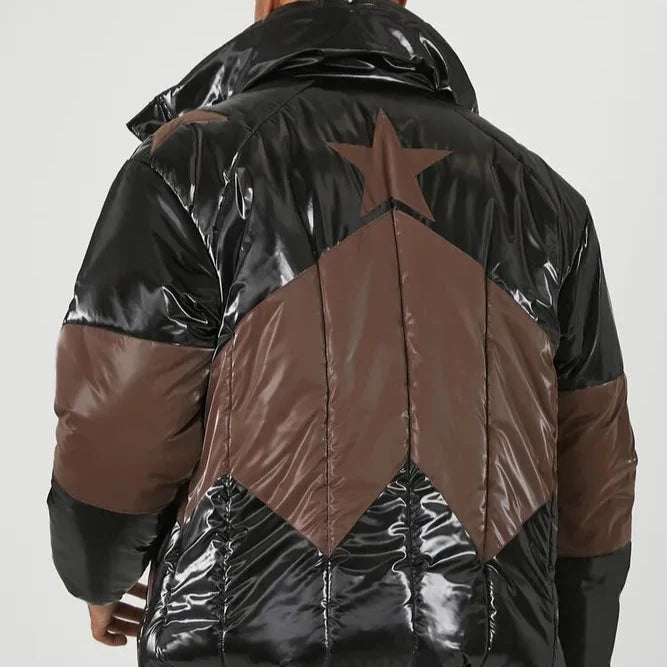 Men Faux Patent Leather Puffer Jacket