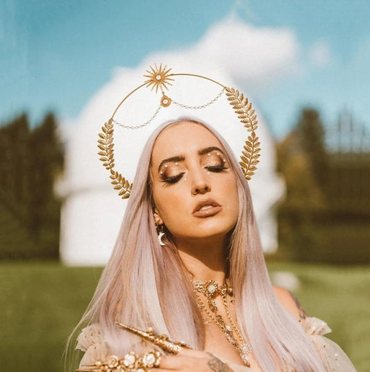 Gold Halo Goddess Headband, Crown and Earring Set