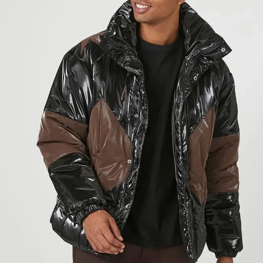 Men Faux Patent Leather Puffer Jacket