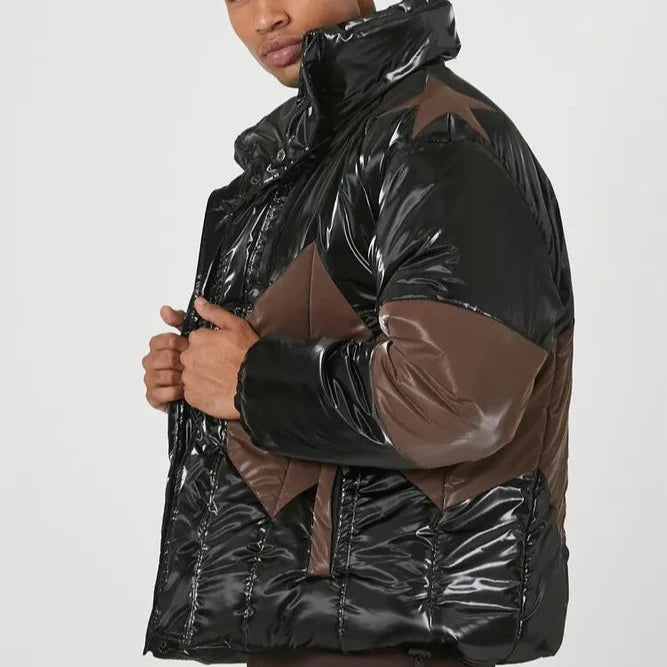 Men Faux Patent Leather Puffer Jacket