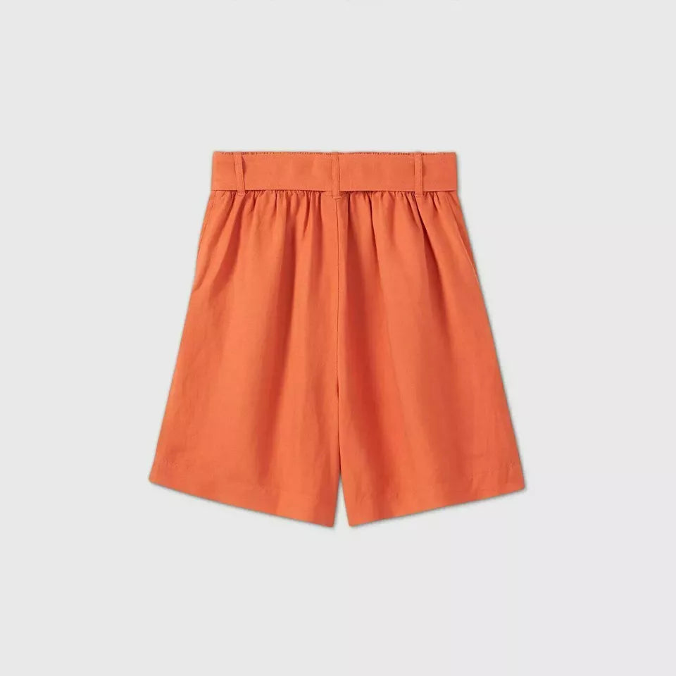 Women's Belted High-Rise Oeange Linen Shorts