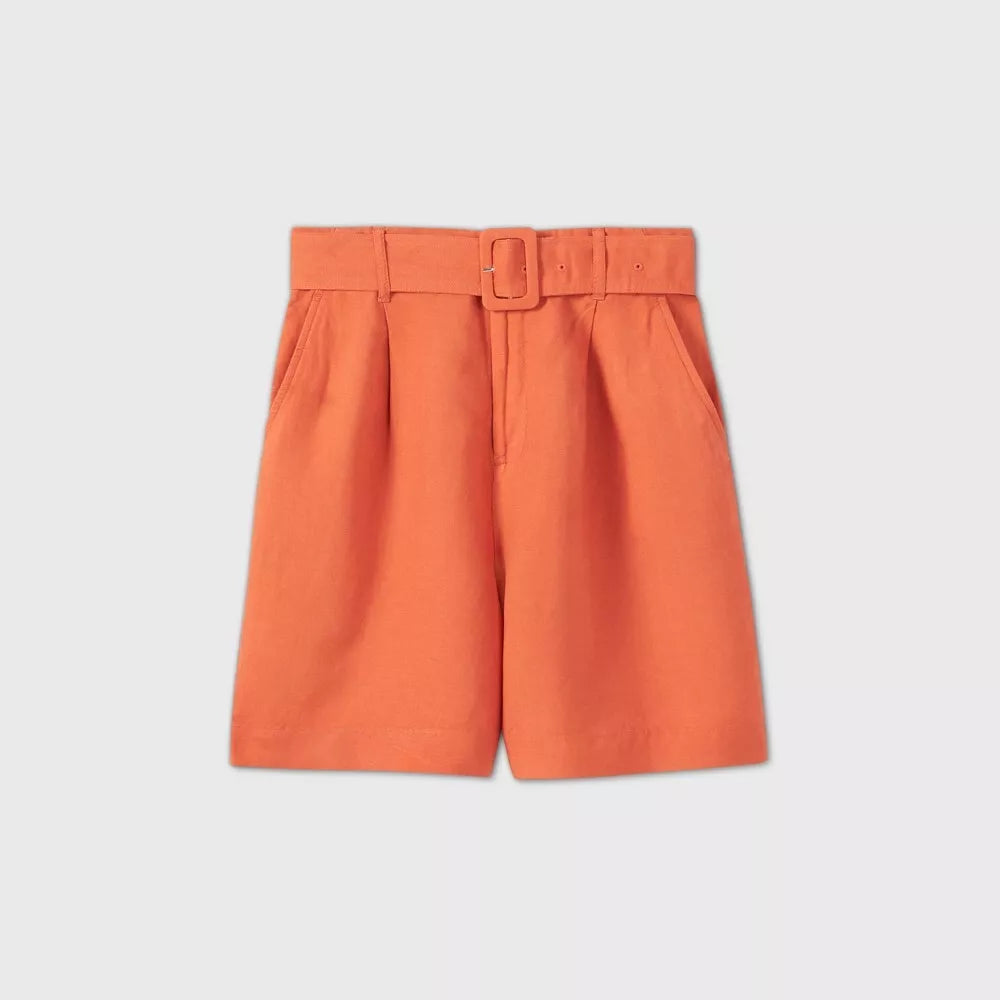 Women's Belted High-Rise Oeange Linen Shorts