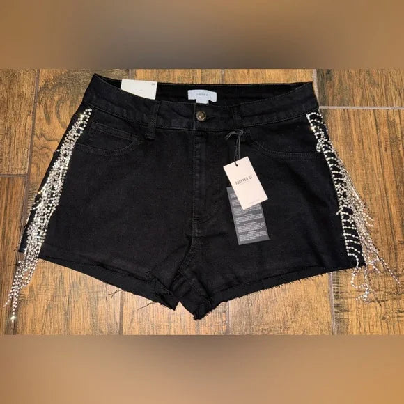 denim shorts with rhinestone fringe